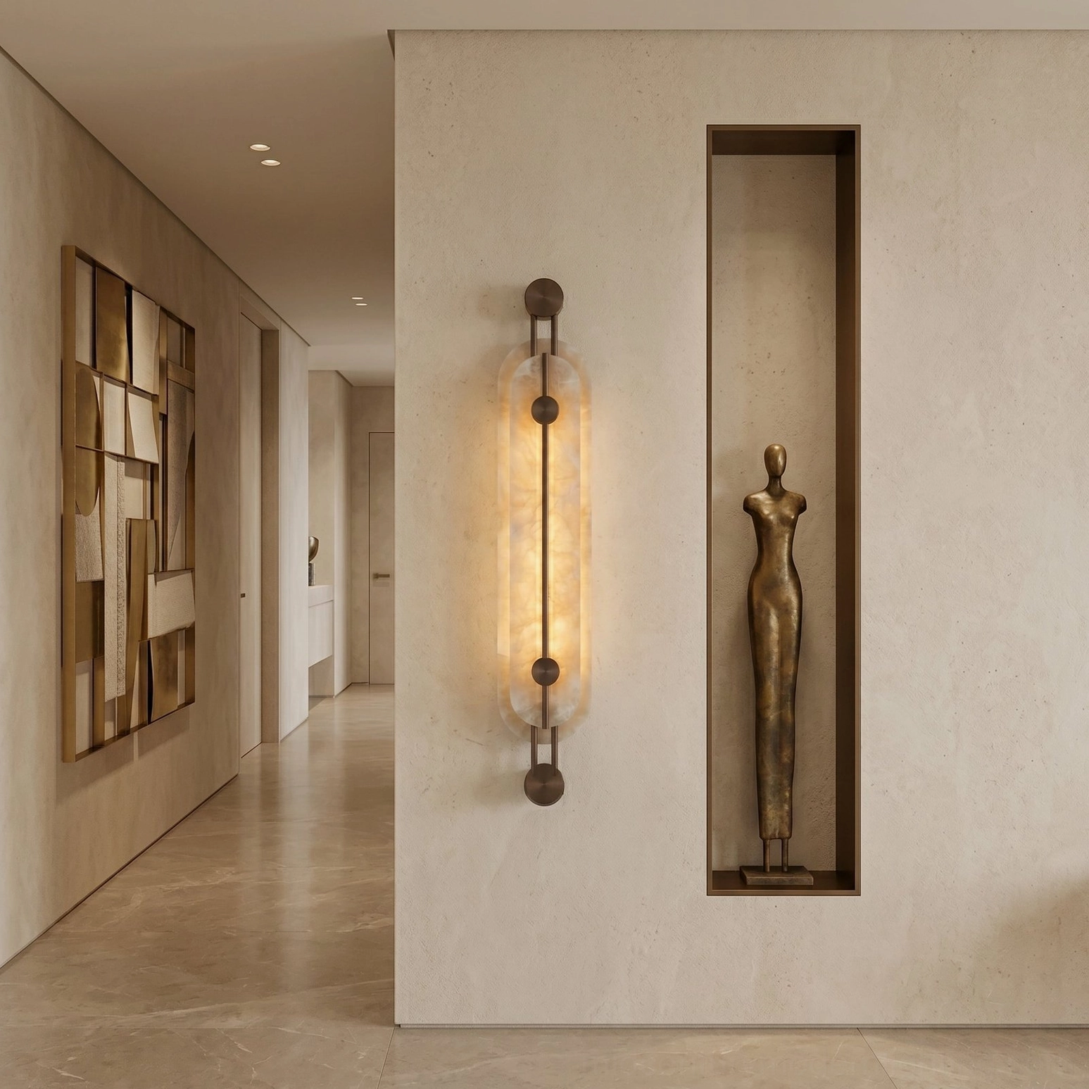 Single clayton wall sconce in residential hallway with warm bronze finish, glowing alabaster shade, minimalist corridor lighting