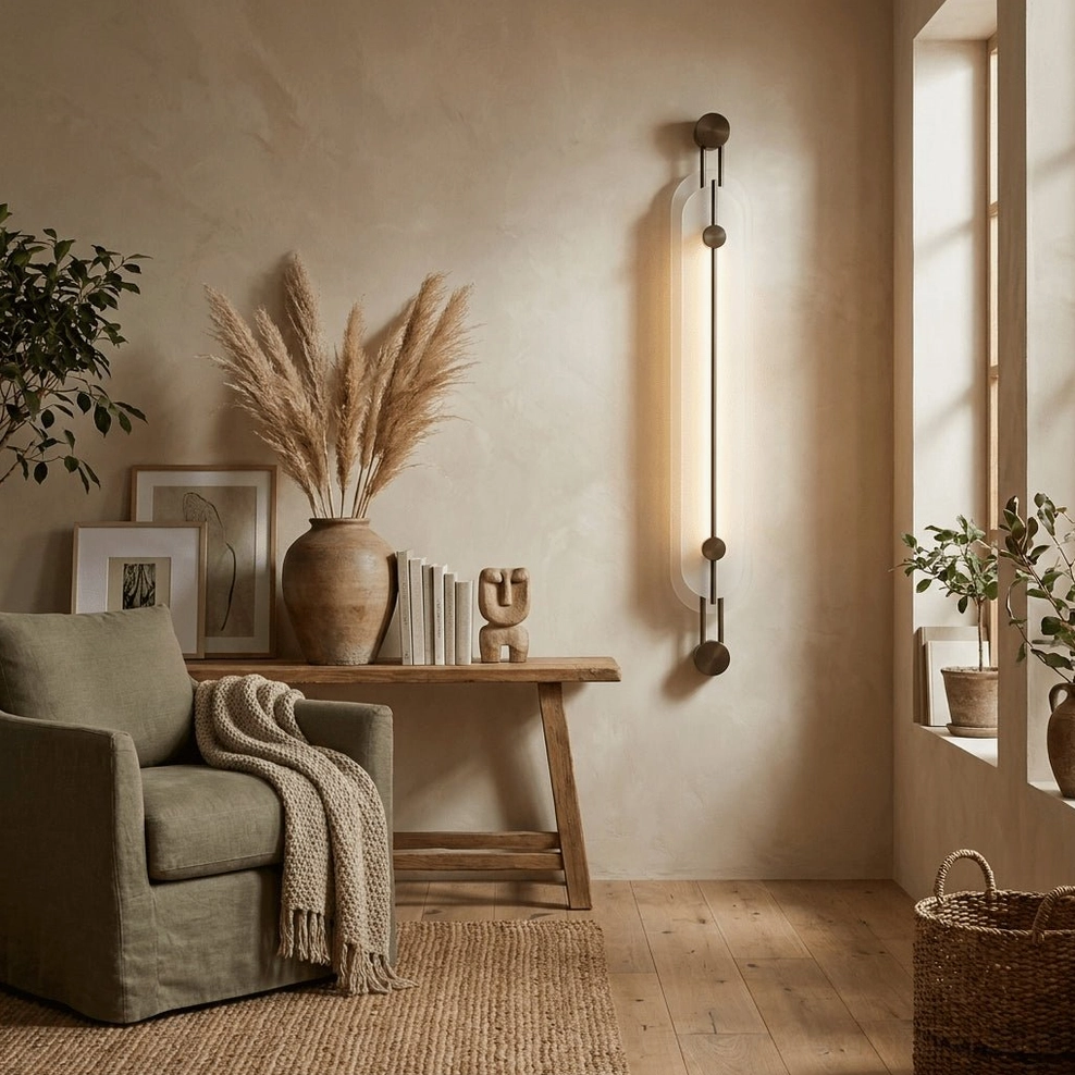 Clayton wall sconce with elongated linear silhouette, warm ambient glow, modern minimalist space with wood furniture and plants