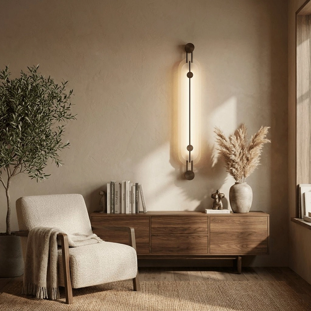 Clayton alabaster sconce in relaxing lounge area, soft warm light, minimalist rustic design with wood sideboard and decorative accents