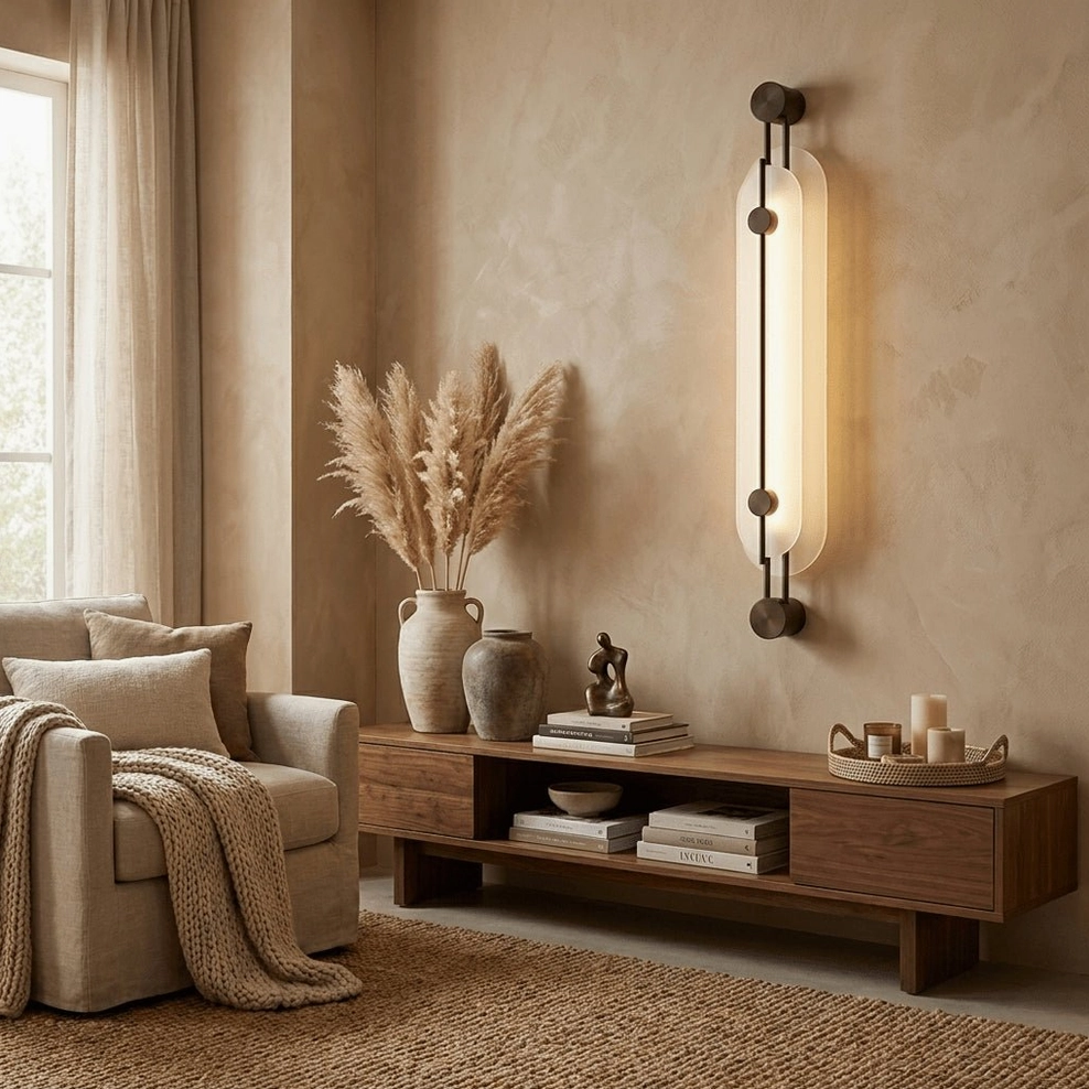 Clayton sconce above wood media console, glowing alabaster shade, rustic neutral decor, warm accent lighting in living area