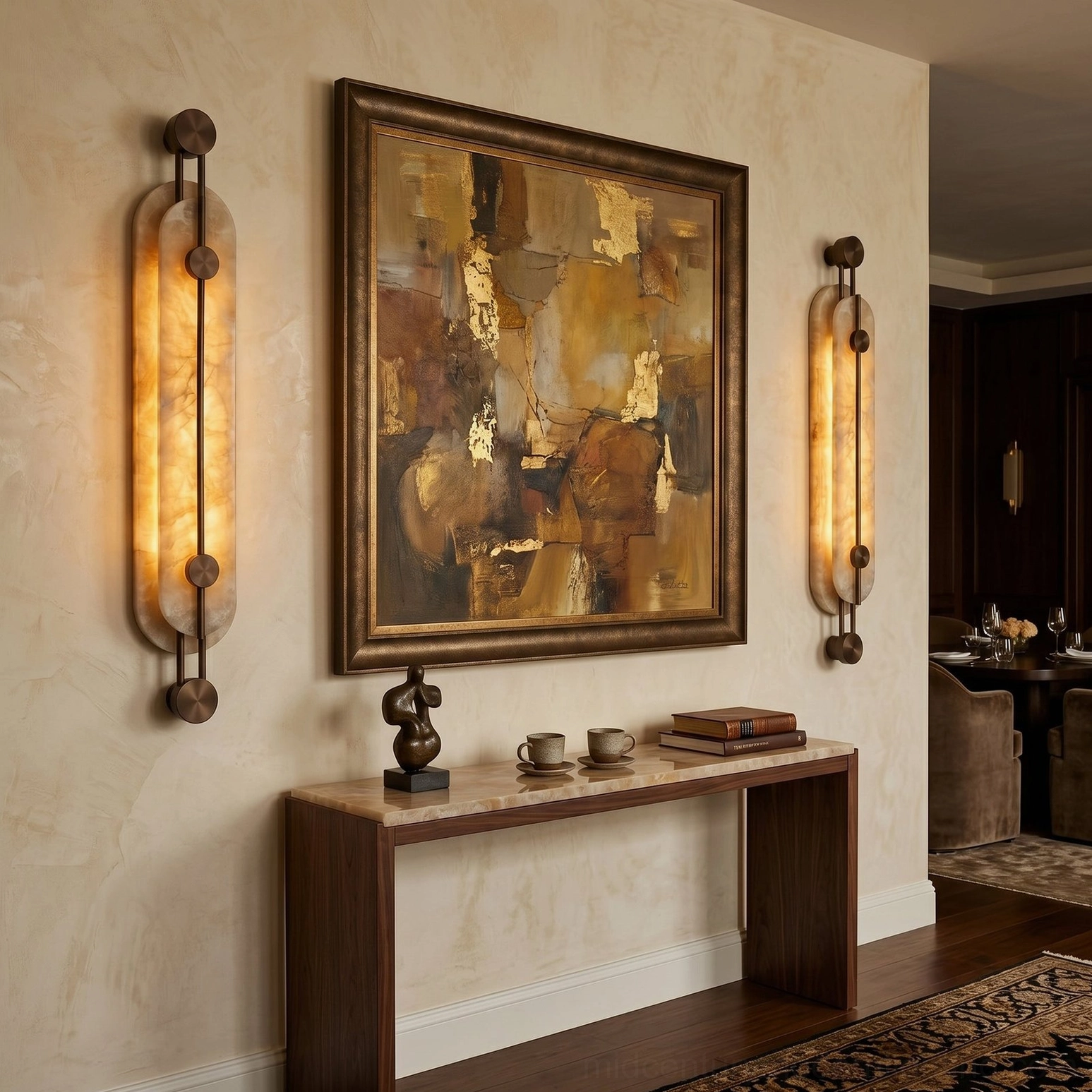 Pair of clayton wall sconces in foyer with abstract art, warm ambient lighting from alabaster shades, mid-century modern entryway design