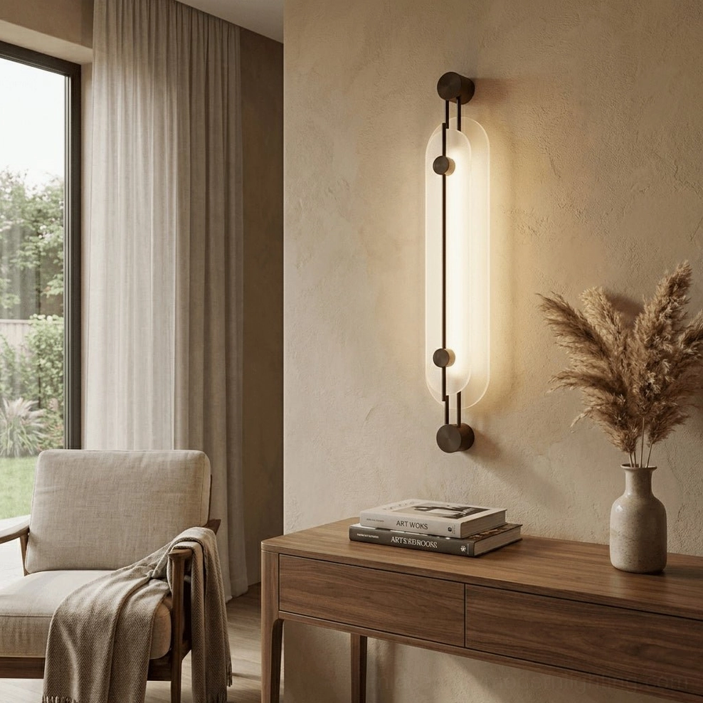 Clayton wall sconce in residential sitting corner, illuminated alabaster shade, minimalist warm modern aesthetic, pampas grass decor
