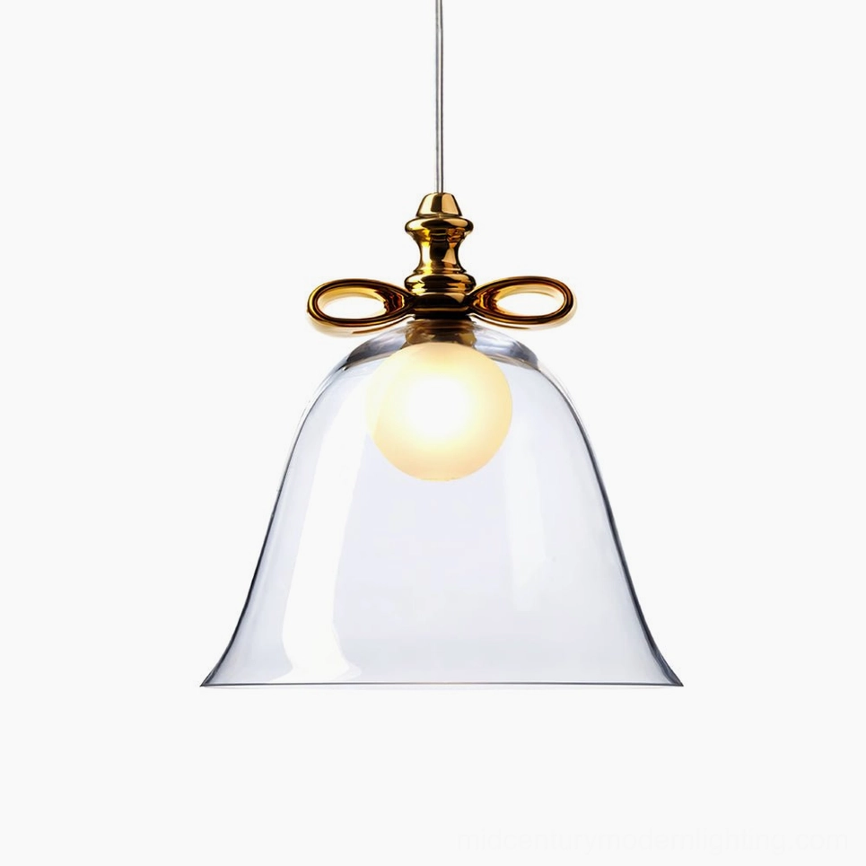 Clear glass bell pendant gold hardware luxury mid-century modern