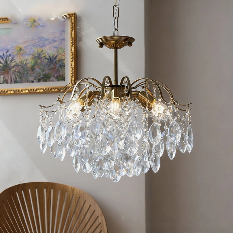 Clear crystal chandelier compact size variant, elegant brass fixture with light-refracting transparent crystal design