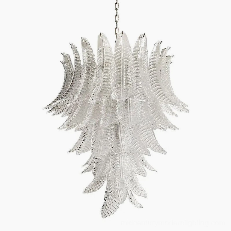 Clear glass palm leaf Murano chandelier studio photography showing transparent crystal aesthetic