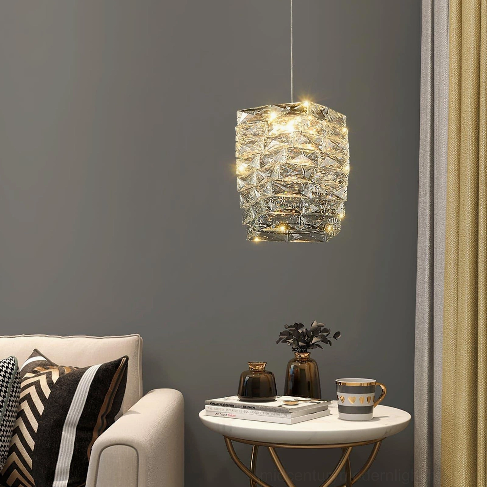 Clear crystal faceted pendant lamp demonstrating light diffusion through transparent geometric crystal material