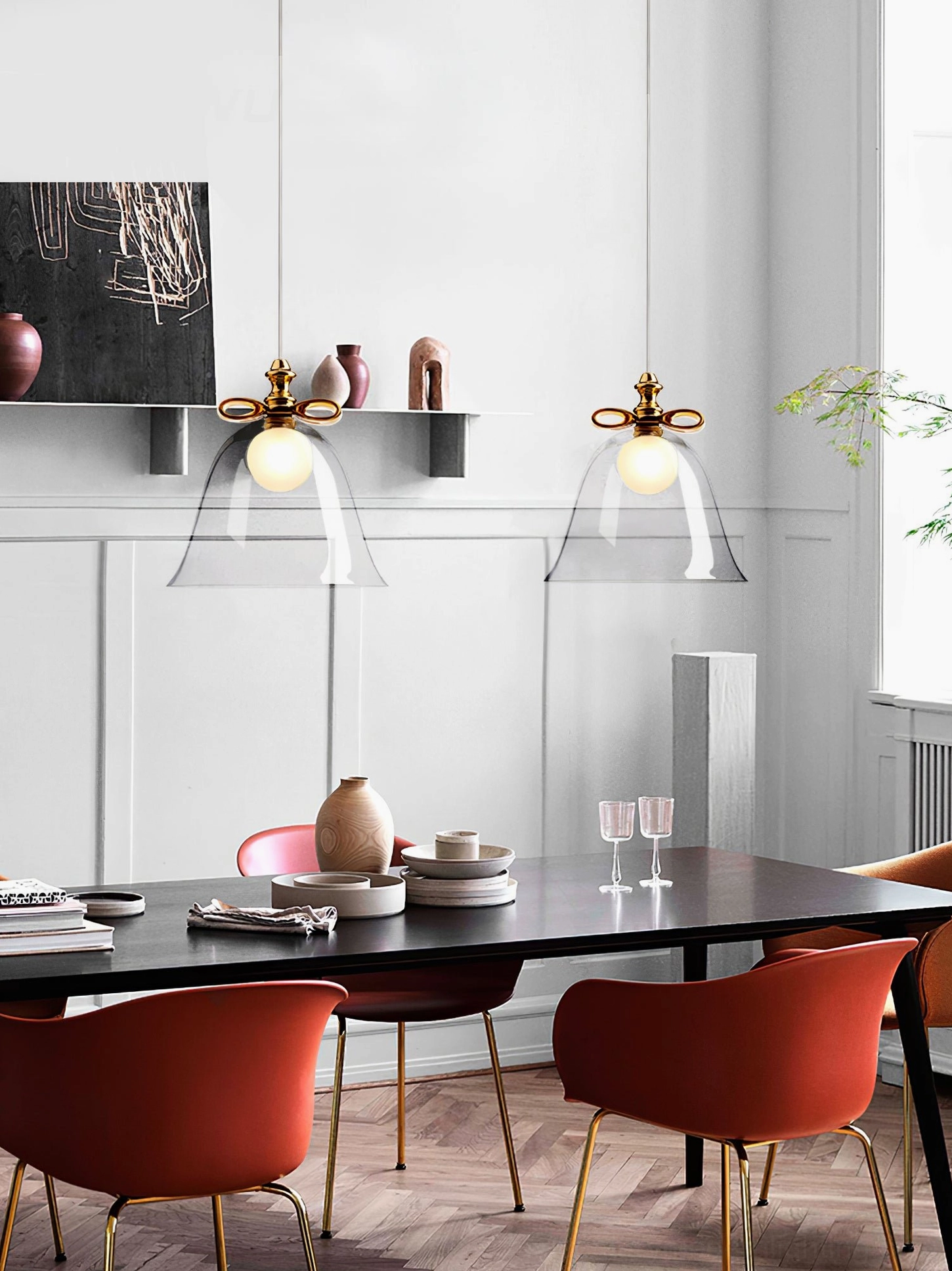 Clear glass bell pendant with gold fixture modern dining room contemporary lighting