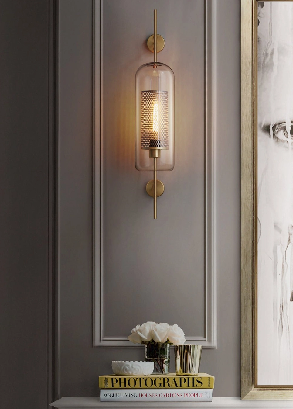 Modern glass sconce showing clear glass clarity and hardware detail