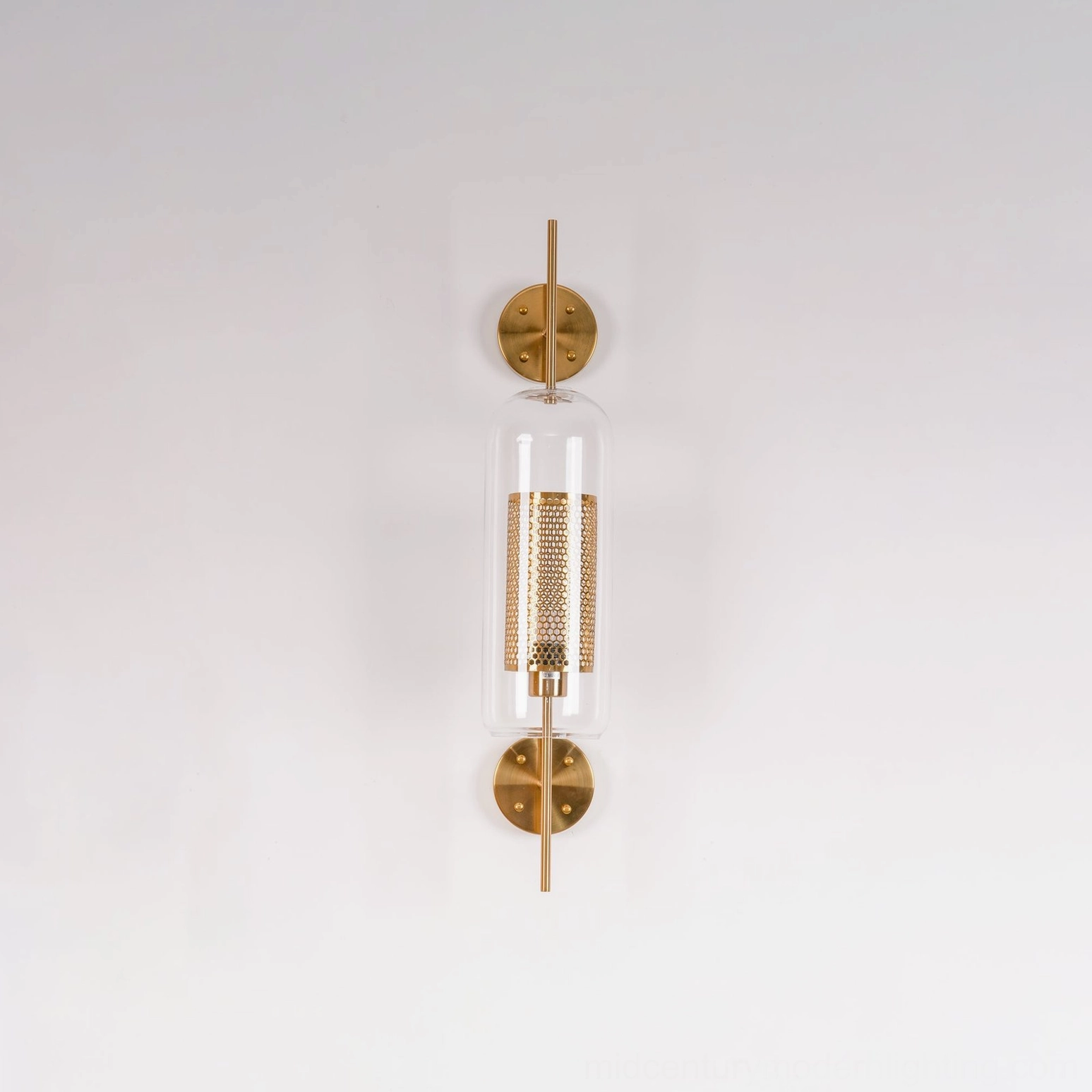 Clear glass sphere sconce with copper metal frame and mounting bracket