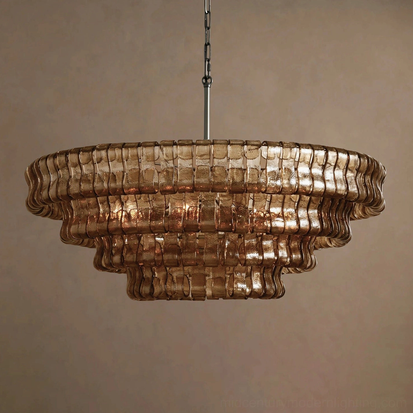 Clear ice-textured glass tiered round chandelier, architectural sculptural form with industrial metal frame