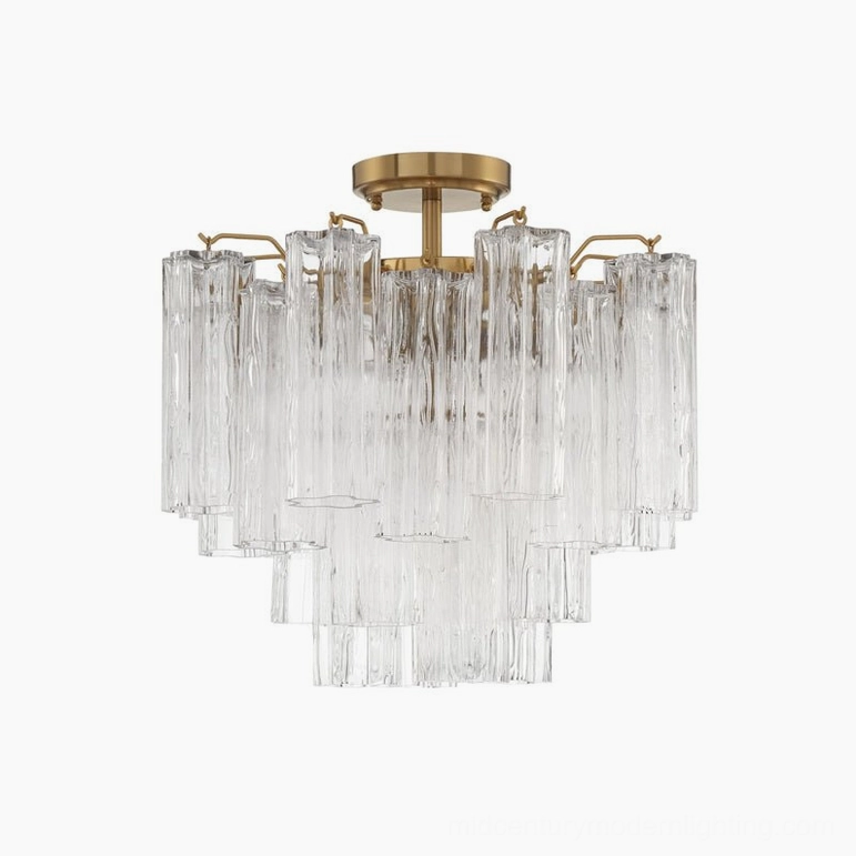 Clear hand-blown Murano tubular ceiling chandelier with ribbed glass and gold brass fixtures, contemporary design