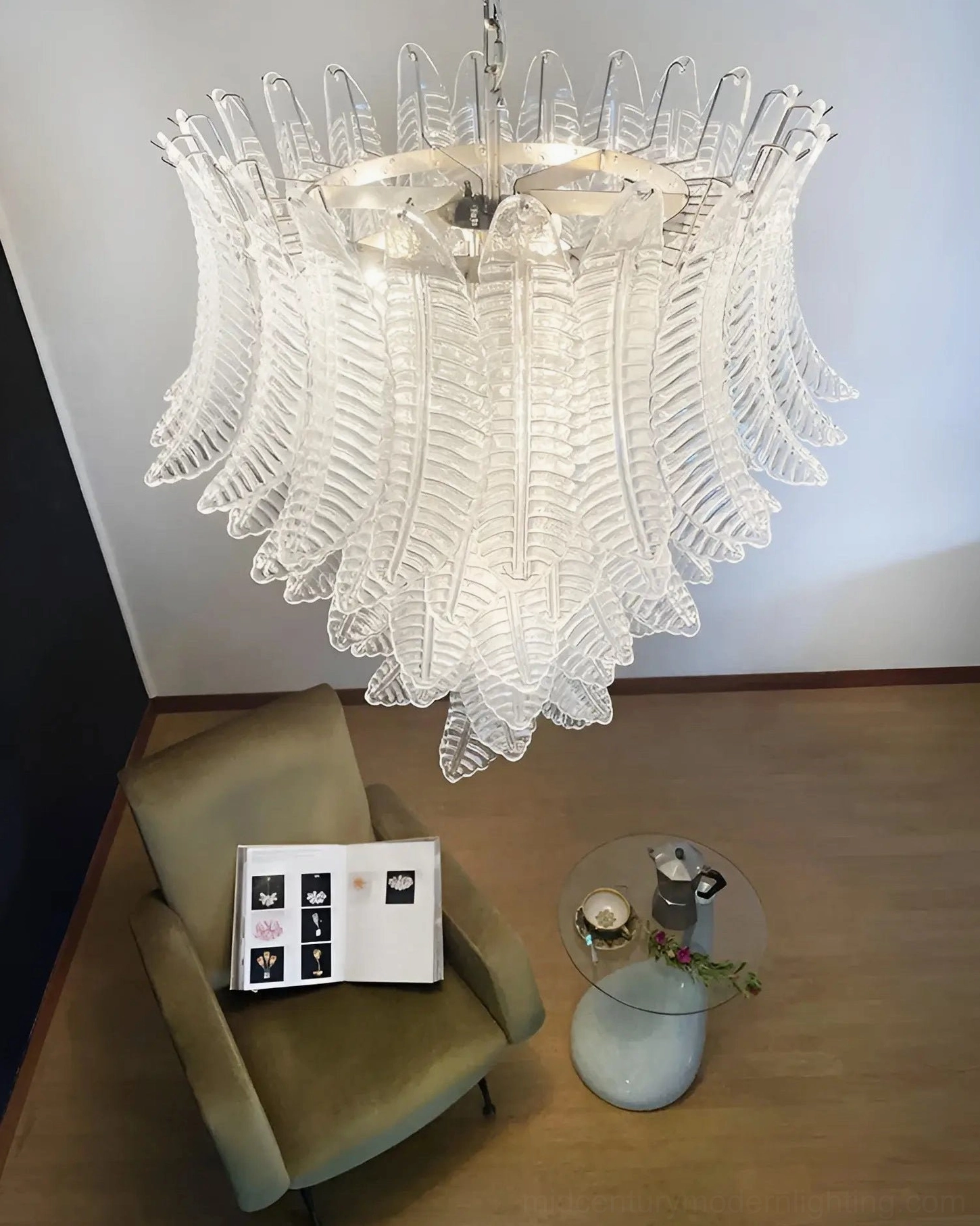 Clear and pink Murano glass chandelier comparison showing color variations available