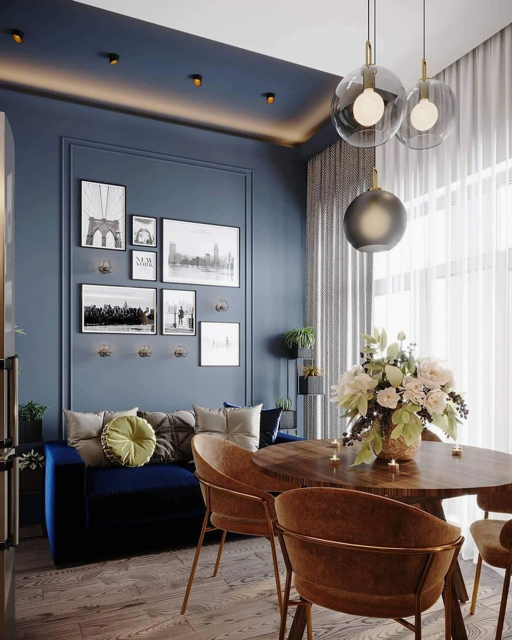 Clear smoked glass spherical pendant in modern space with visible bulb fixture and wire detail