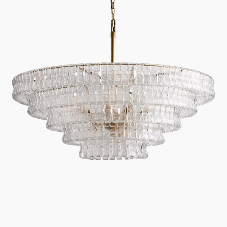 Clear tiered round chandelier with black frame, architectural modern lighting with ice-textured glass refraction