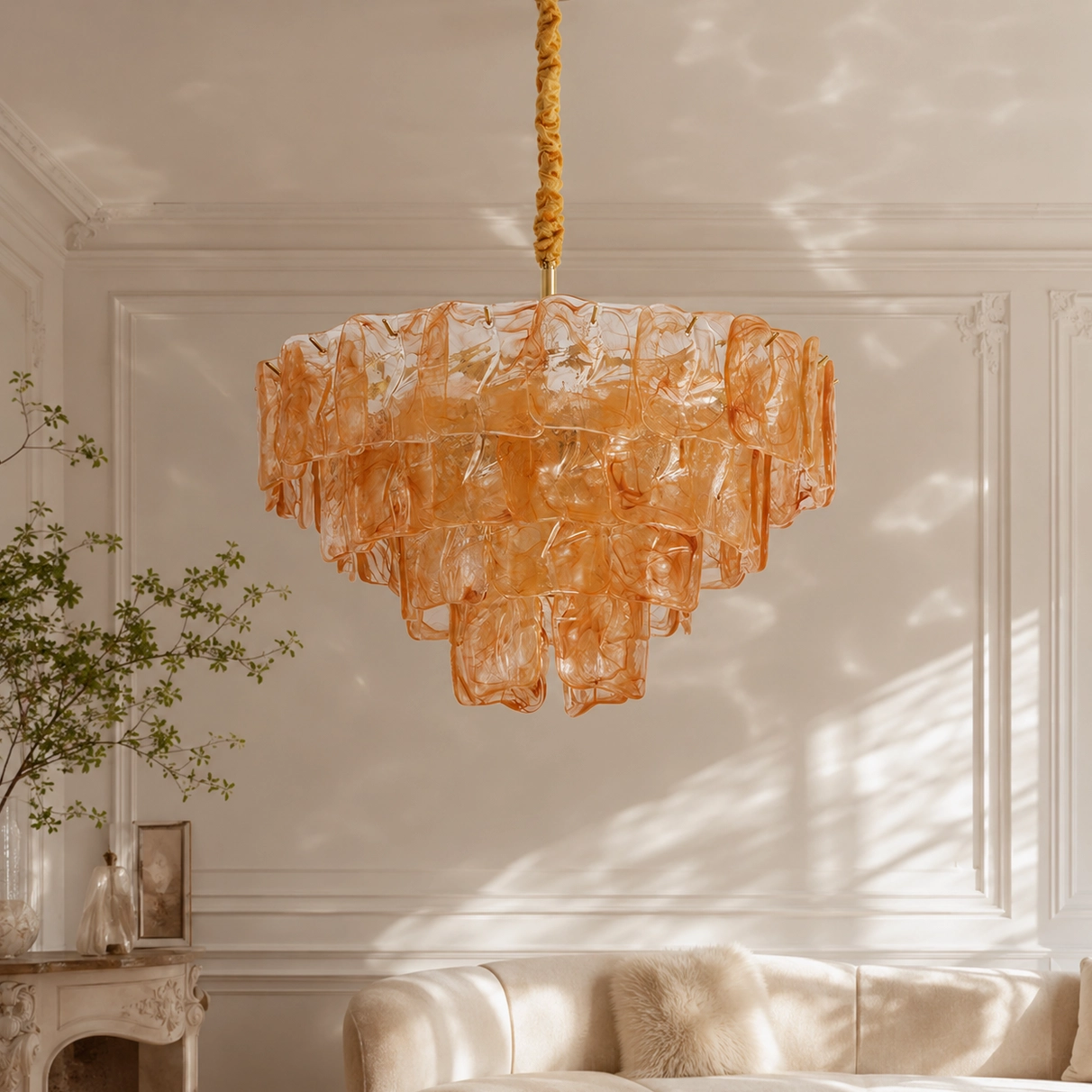Amber marbled tiered glass chandelier in French neoclassical living room setting, warm ambient lighting, sculptural modern glam decor