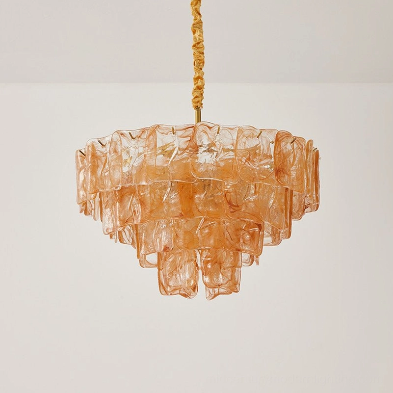 Amber and gold tiered glass chandelier, mid-century modern sculptural pendant with hand-selected marbled glass, warm luxury lighting