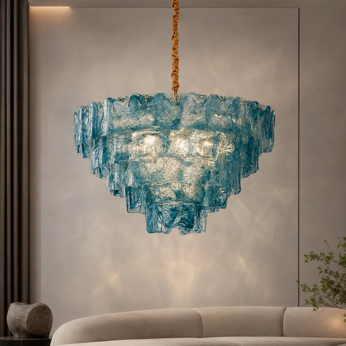 Blue tiered glass chandelier overhead view in modern living room, fabric-wrapped hanging rod, artistic pendant lighting installation