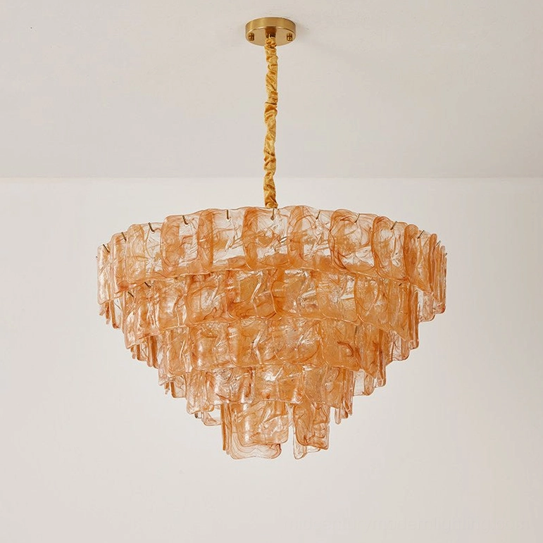 Large format amber and gold tiered glass chandelier in statement size, sculptural mid-century modern pendant light, premium glass artistry