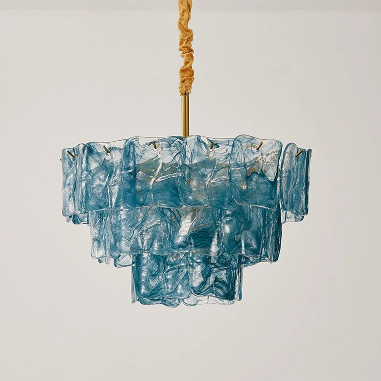 Rectangular layered blue art glass chandelier with brass gold hardware, modern tiered pendant light, architectural sculptural form