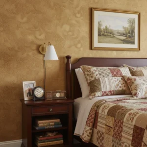 Vintage master bedroom with brass swing arm wall lamp mounted above bedside reading light warm ambiance