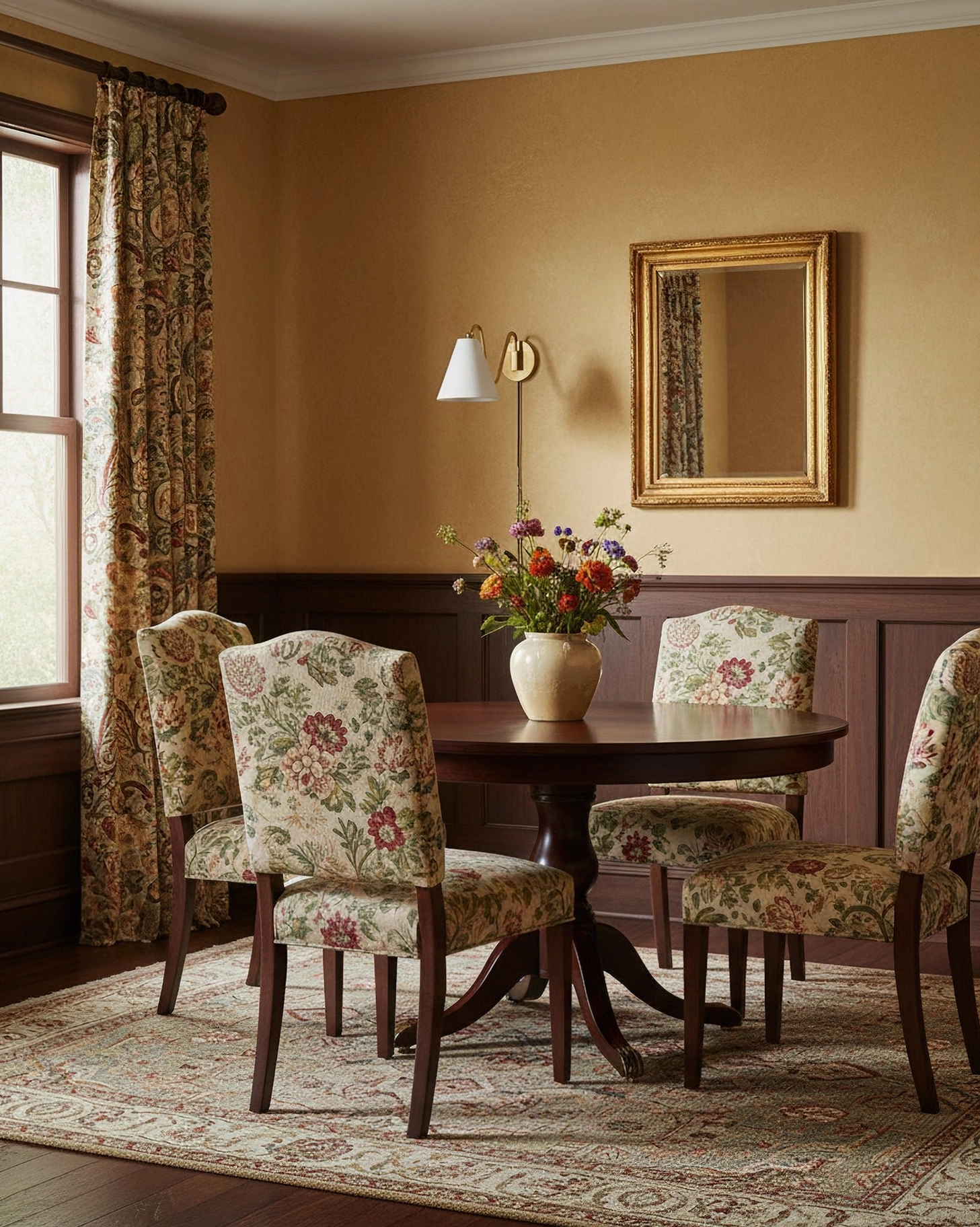 Formal dining room brass swing arm wall lamp floral chair upholstery wood paneling elegant