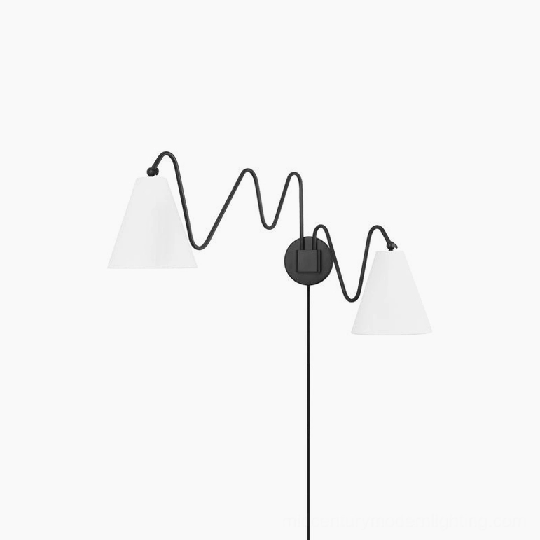 Two head cleome swing arm wall lamps black and white fabric shades dual configuration