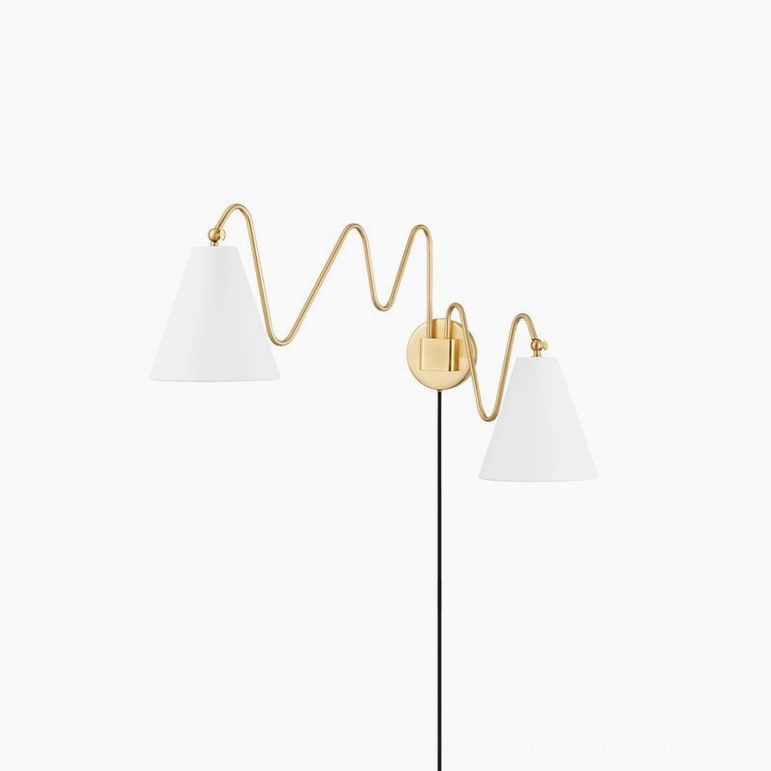 Dual head cleome swing arm wall lamps brass and white finish luxury bedroom lighting solution