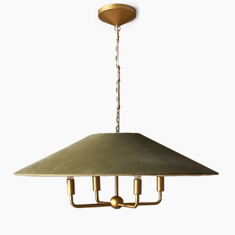 Clivedon conical pendant lamp with extended chain and brass candelabra base on white background