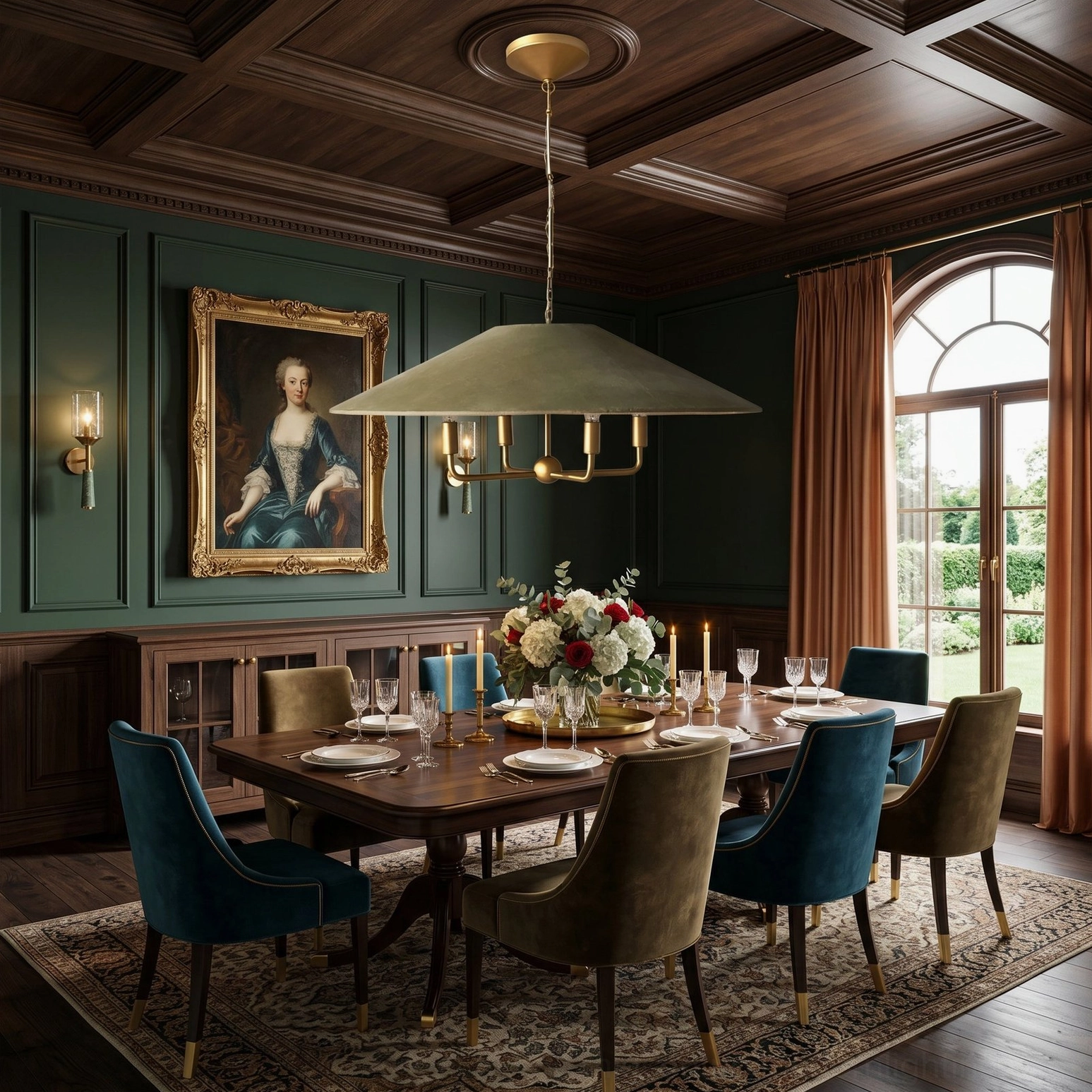 Wide angle view of Clivedon conical pendant in luxury transitional dining room interior