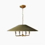 Clivedon conical pendant lamp with sage green fabric shade and brushed brass frame on white background