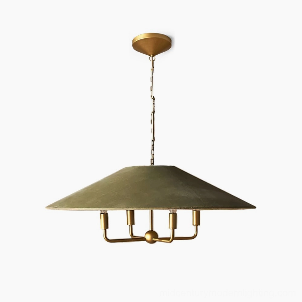 Clivedon conical pendant lamp with sage green fabric shade and brushed brass frame on white background
