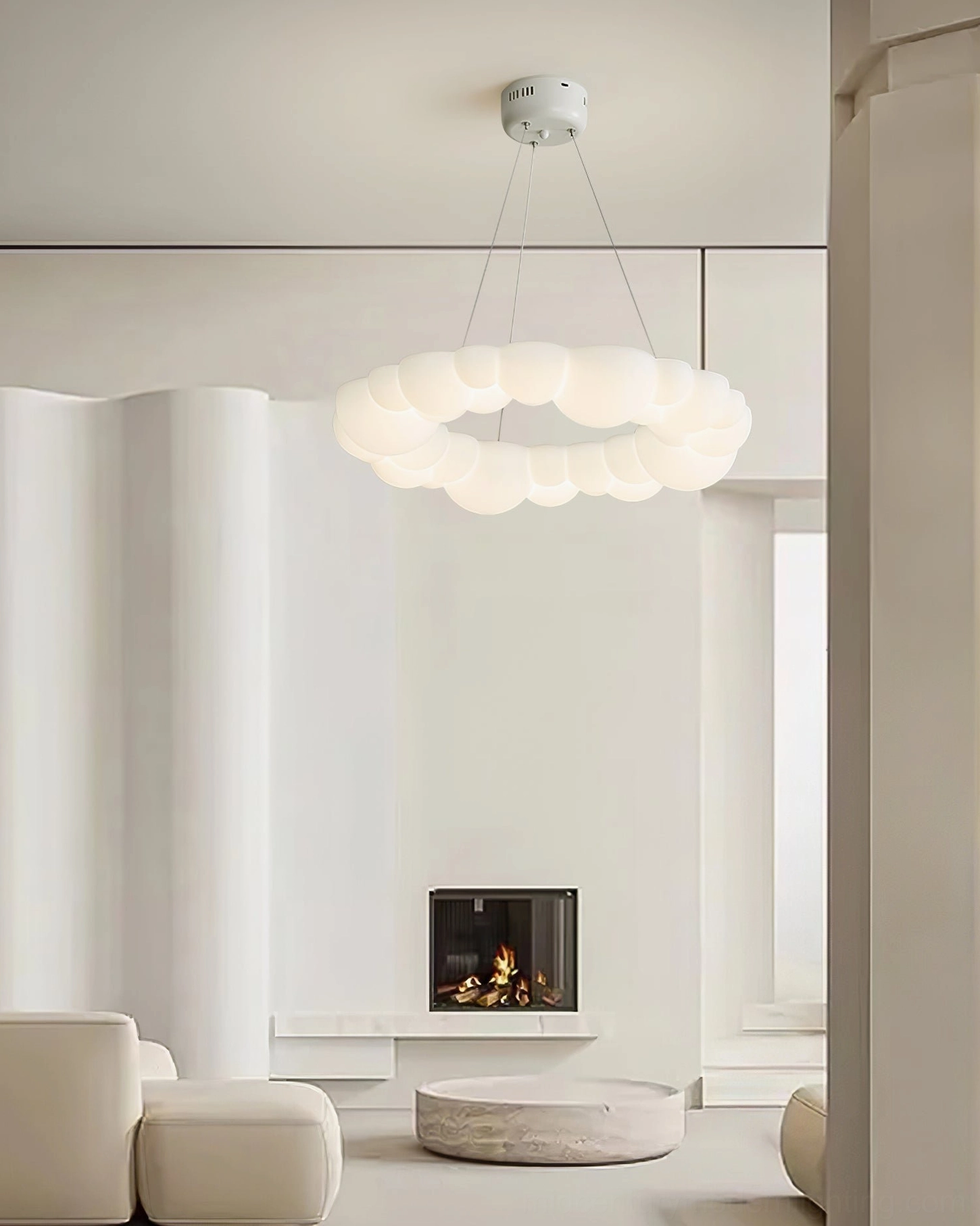 Cloud Bubble pendant light in minimalist bedroom with framed wall prints