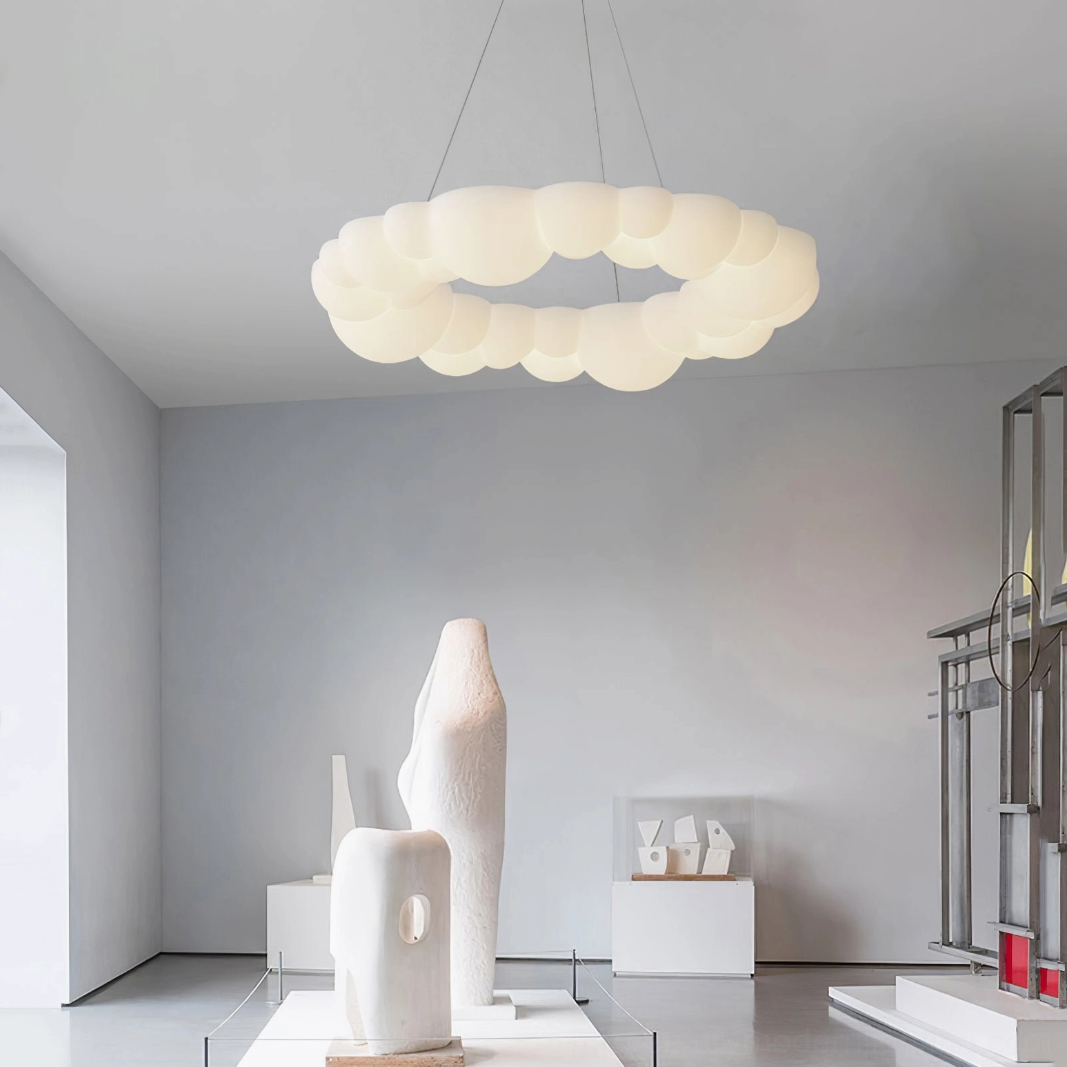 Lit Cloud Bubble Halo Ring Chandelier in modern minimalist white art gallery setting