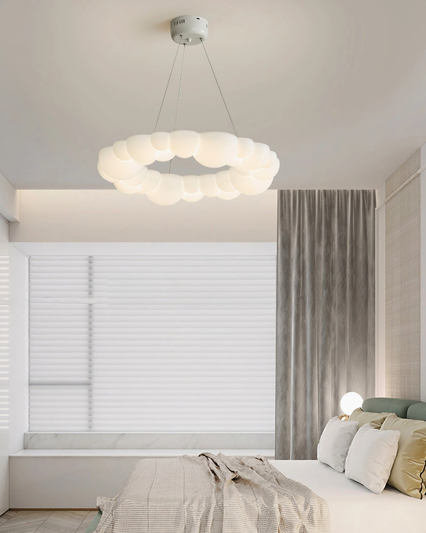 Cloud Bubble Halo Ring Chandelier detail showing integrated LED frame and white finish