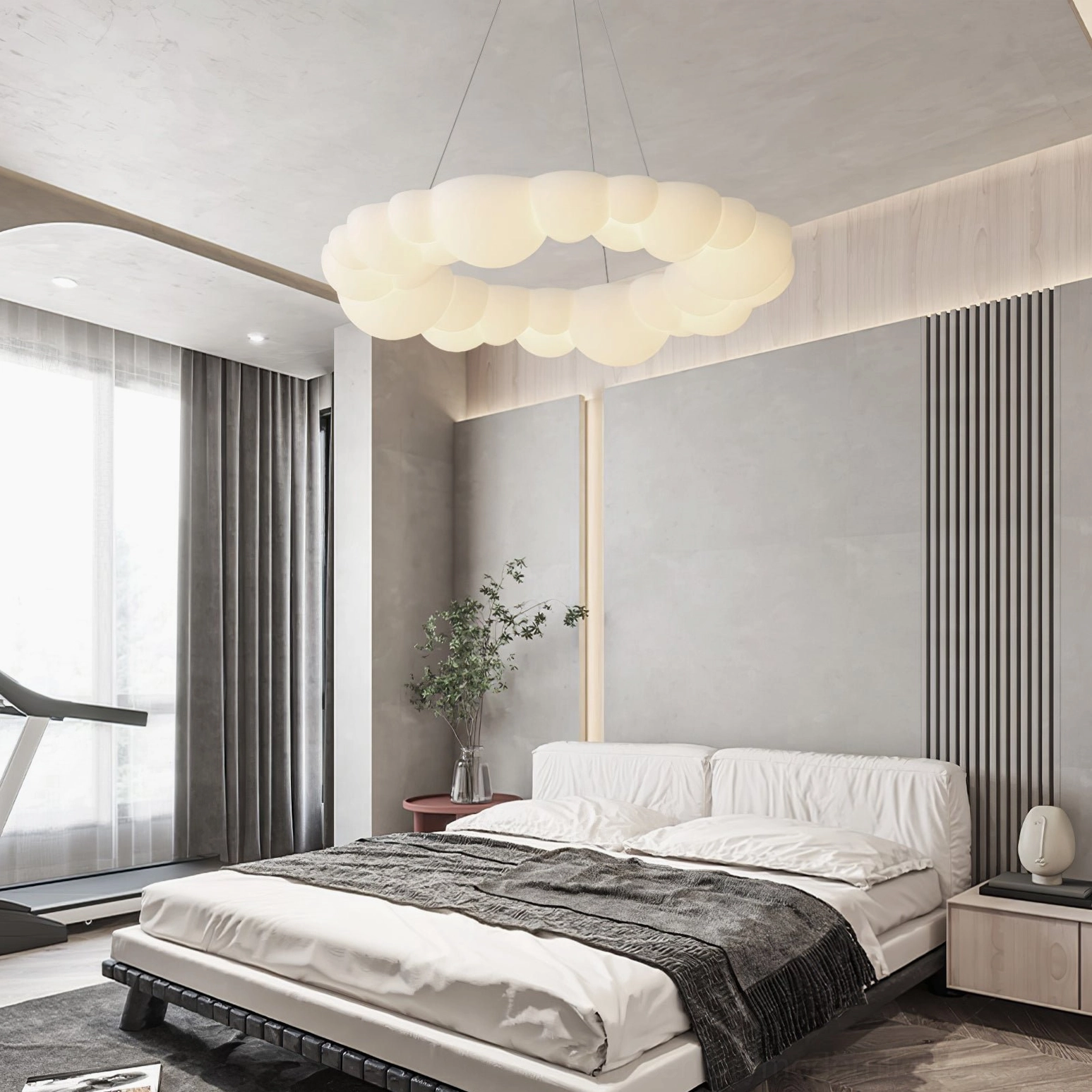 Lit Cloud Bubble Halo Ring Chandelier in luxury master bedroom with gray neutral palette