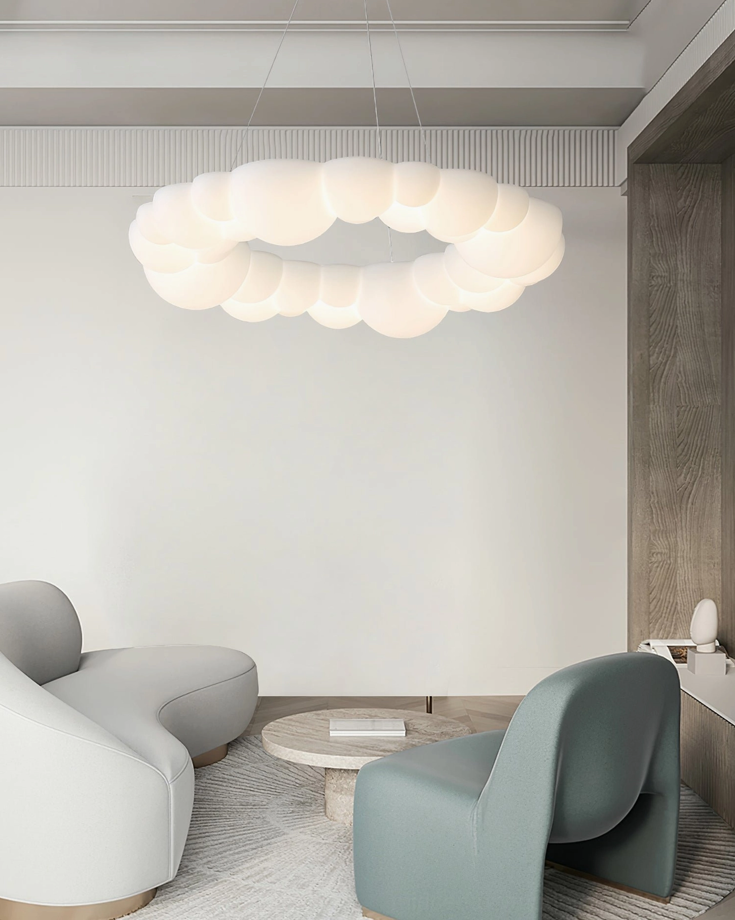 Cloud Bubble Halo Ring Chandelier in mid-century modern interior with abstract wall art