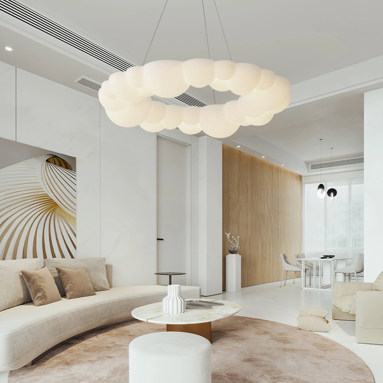 Cloud Bubble halo ring chandelier in warm creamy minimalist open-plan residential space