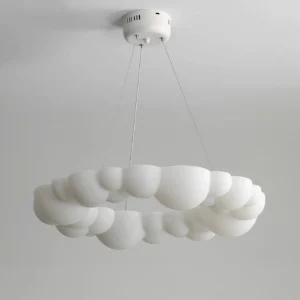Cloud Bubble pendant light with ceiling mount and suspension wire showing halo ring design