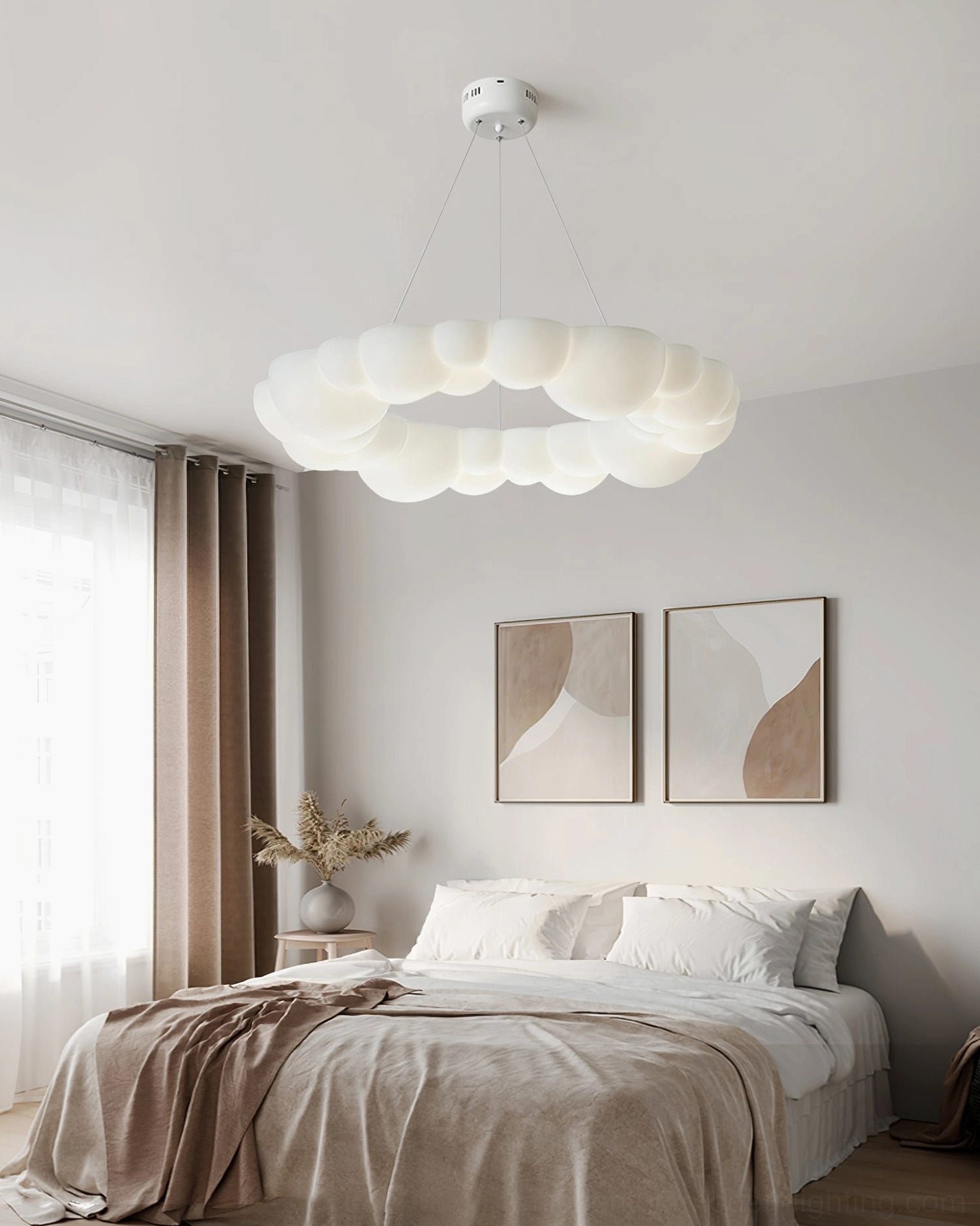 Lit Cloud Bubble pendant light in warm minimalist master bedroom with layered bedding