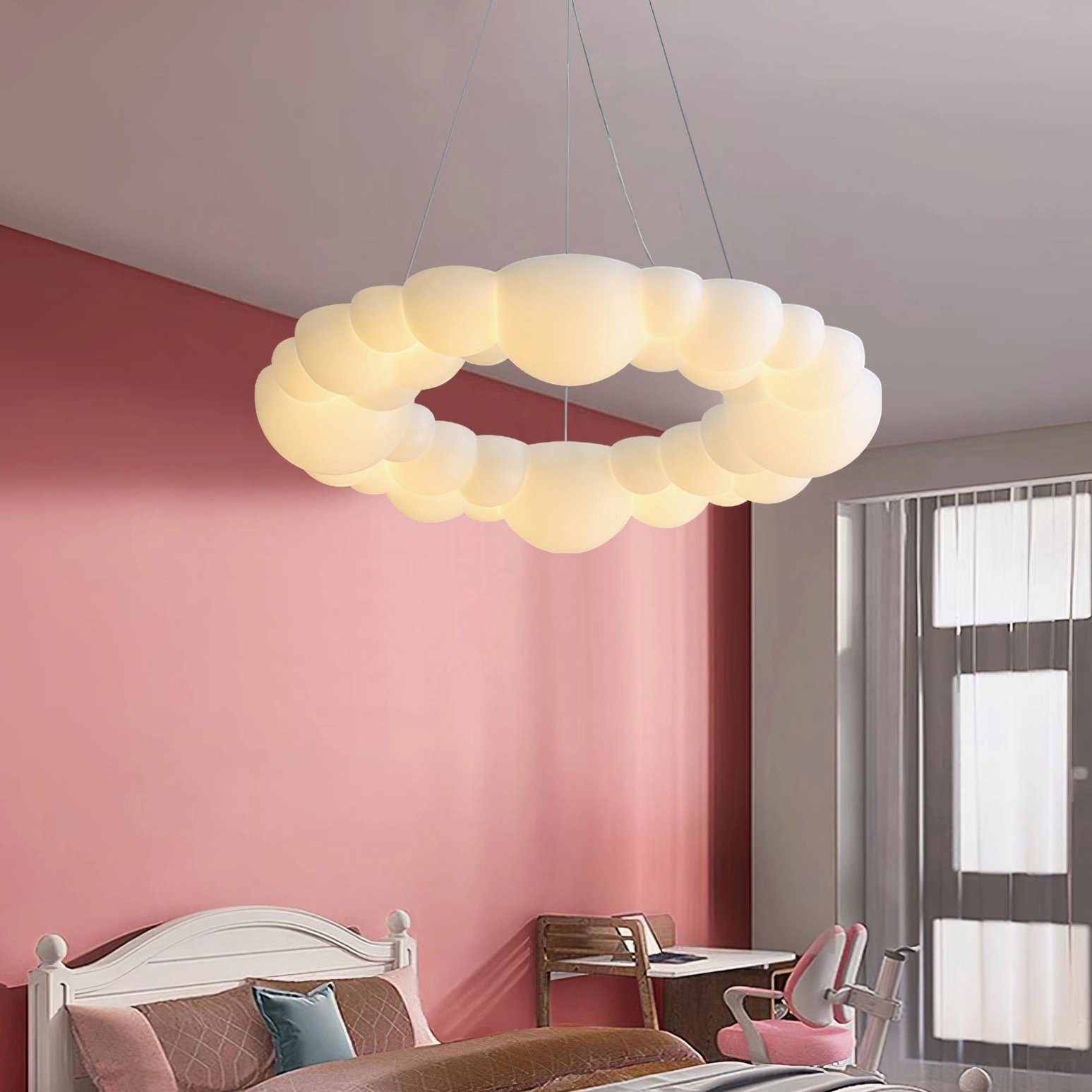 Lit Cloud Bubble Halo Ring Chandelier showing warm and cool light color temperature options