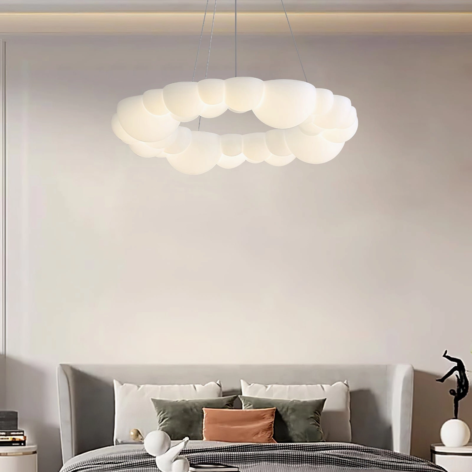 Modern Cloud Bubble Halo Ring Chandelier with warm light in contemporary bedroom