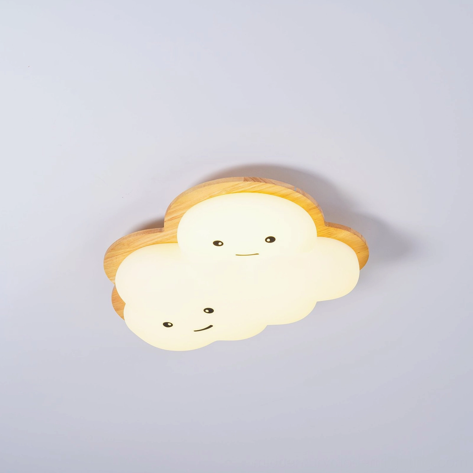 Smiling cloud light fixture overhead installation perspective with warm LED illumination