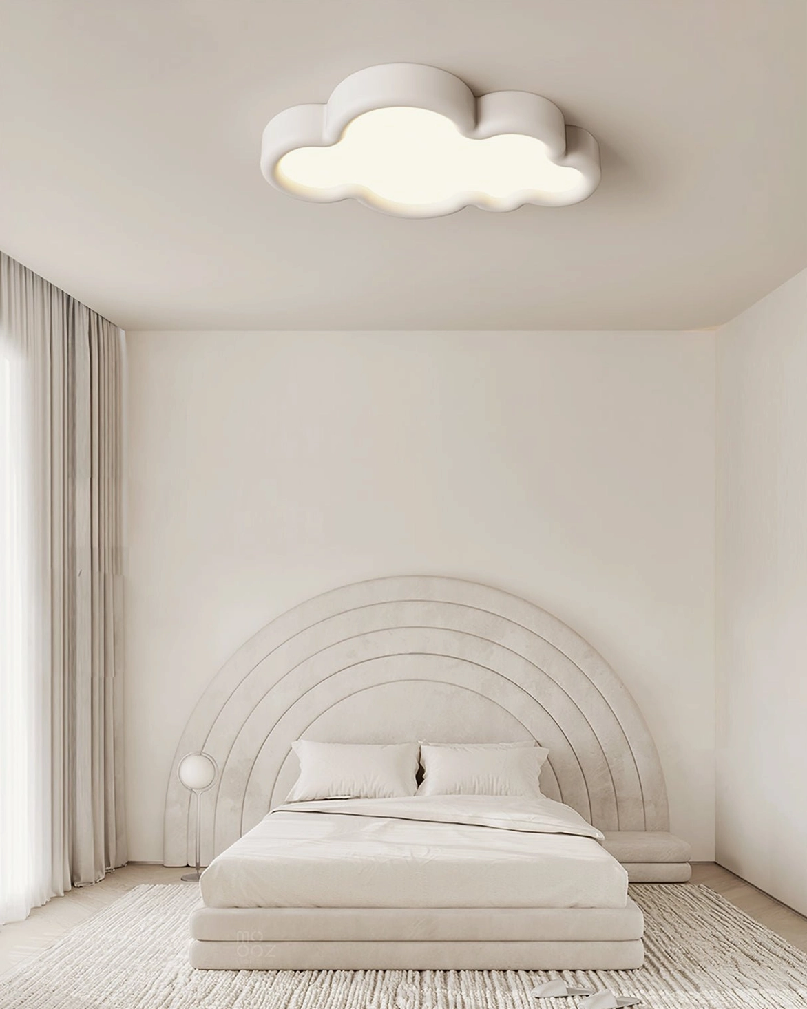 Creamy cloud light fixture above bed with rainbow headboard warm ambient lighting