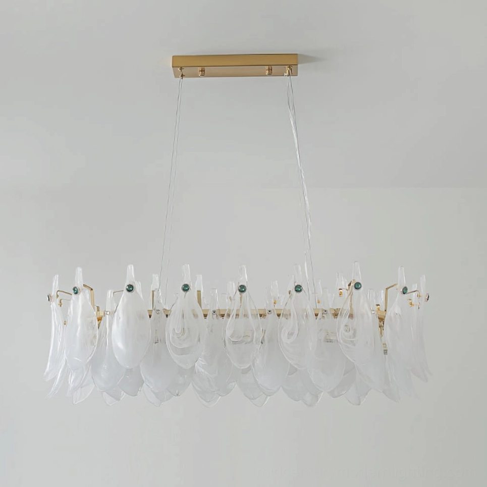 Full view frosted petal glass chandelier creating ambient light in modern home