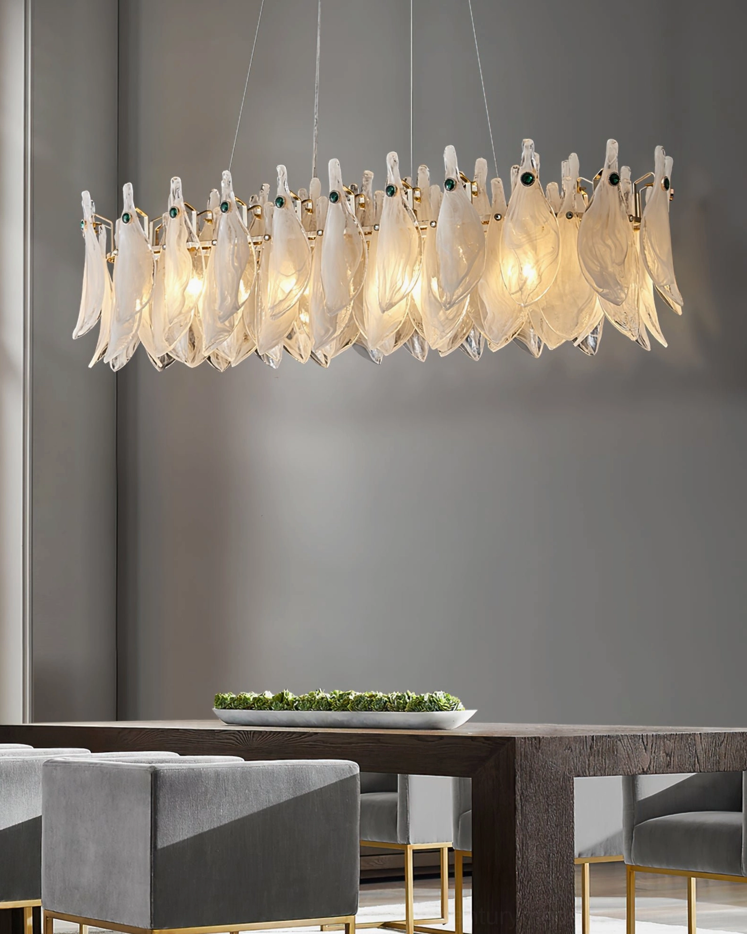 Modern frosted glass petal chandelier mounting and canopy detail view