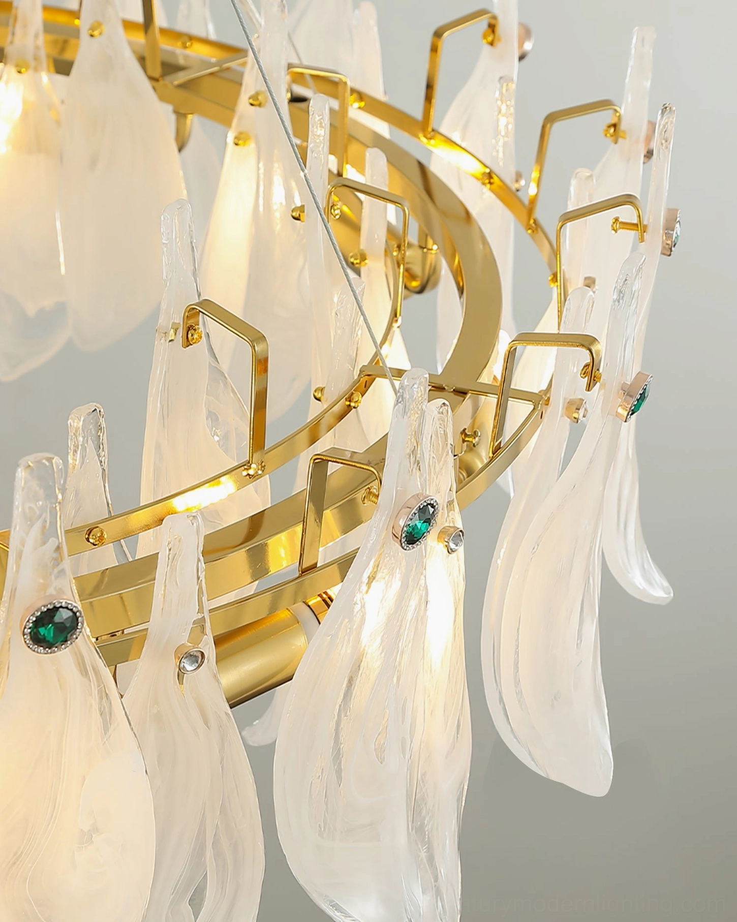 Cloud glass chandelier with frosted petal shade details and gold metal construction