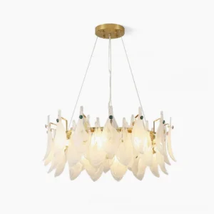 Cloud glass chandelier with frosted petal design and gold metal frame, product front view