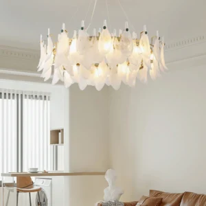 Modern frosted glass petal chandelier in warm living room setting with French aesthetic