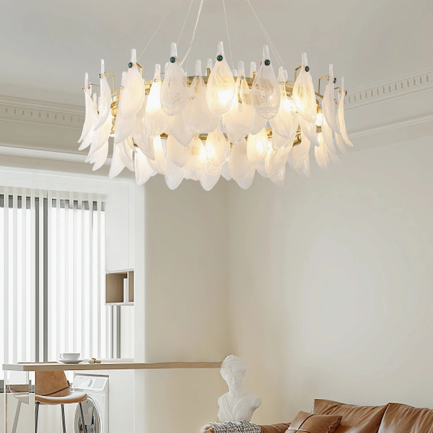 Modern frosted glass petal chandelier in warm living room setting with French aesthetic