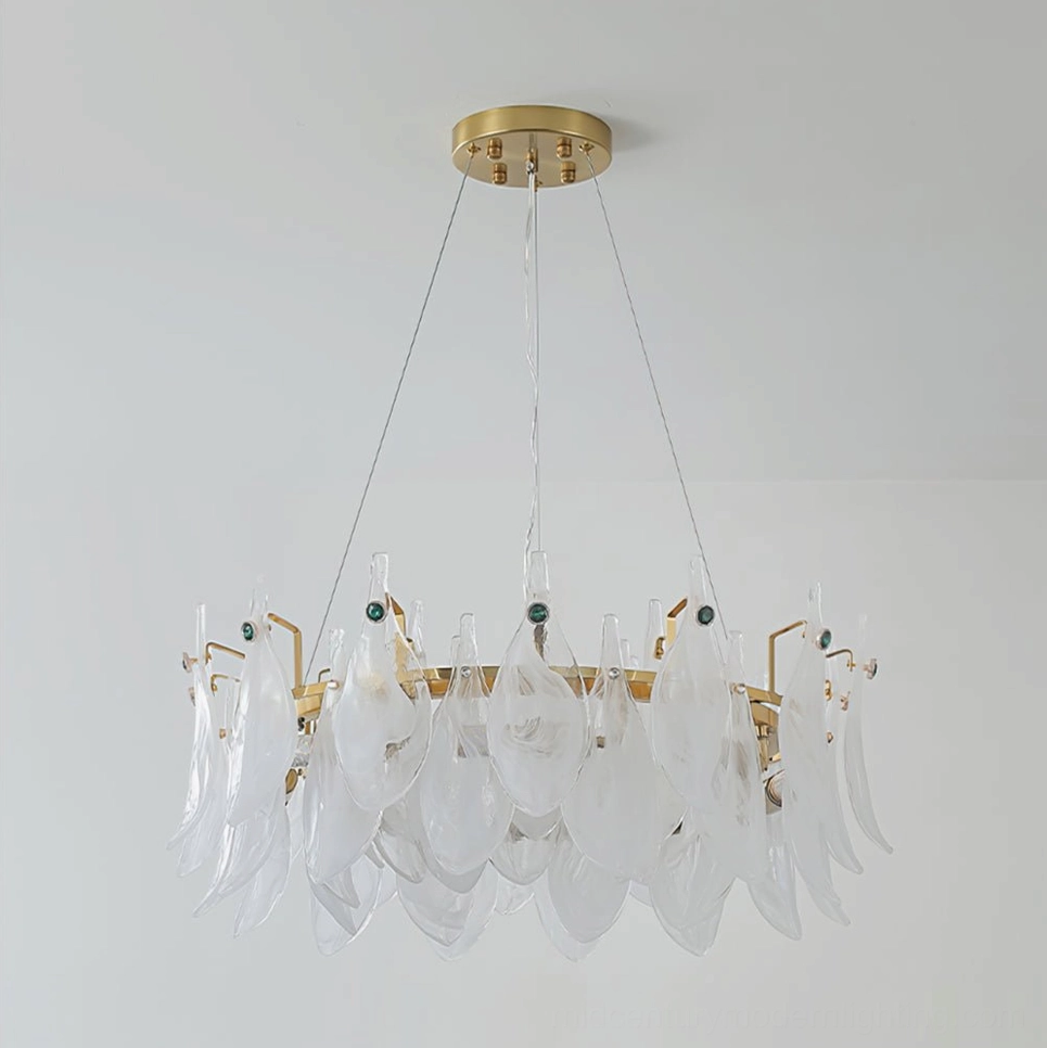 Cloud glass chandelier installation showing wire adjustment and bulb configuration